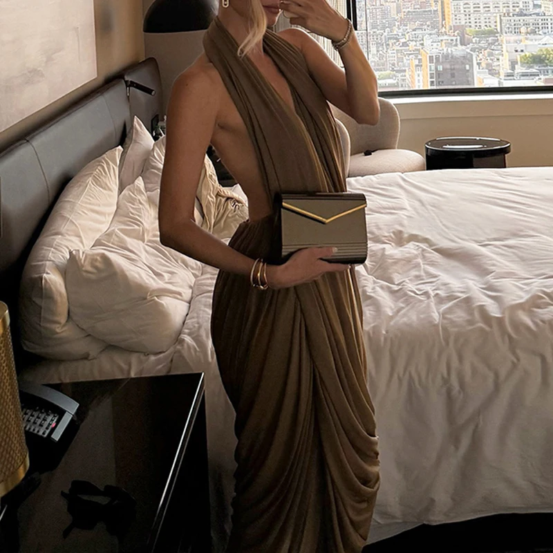 OMSJ Halter Ruched Irregular Backless Summer Sleeveless Trendy Bodycon Loose Maxi Dress Women Y2k Sexy Elegant Party Vestidos