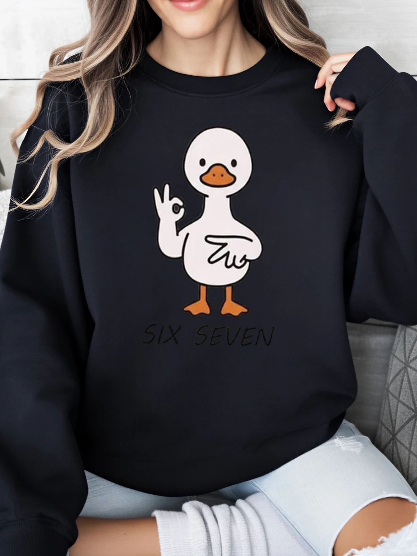 

Толстовка с принтом Duck Ok Sign Six Seven, женская повседневная одежда на Хэллоуин, черная, больших размеров