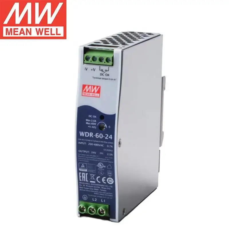 

Tai Wan MEAN WELL WDR-60-24 24VDC 2.5A 60W Ultra Wide Input Industrial DIN Rail Power Supply 180~550Vac 380VAC