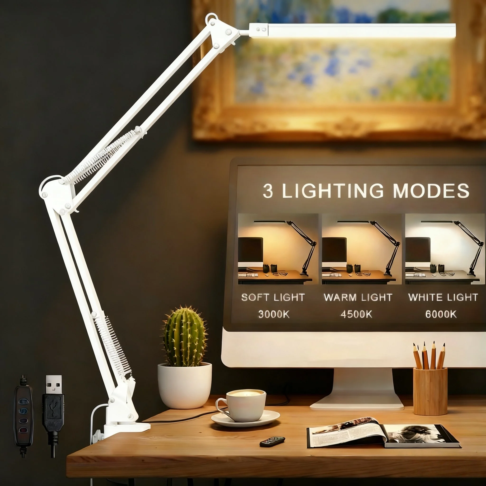 

LED Desk Lamp Swing Arm Desk Light with Clamp 3 Lighting 10 Brightness Table Lamp Eye-Caring Reading Desk Lamps for Home Office