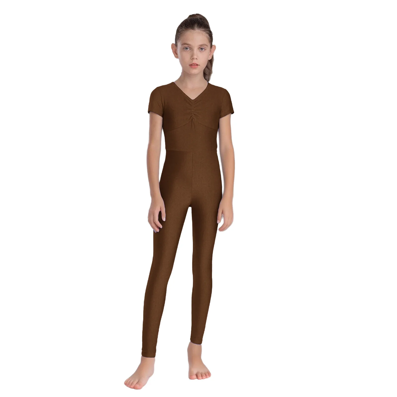 Kids Girls Gymnastics Jumpsuit Ruched Solid Color Short Sleeve Back Zipper Full Body Leotard Figure Skating Ballet Jazz Bodysuit