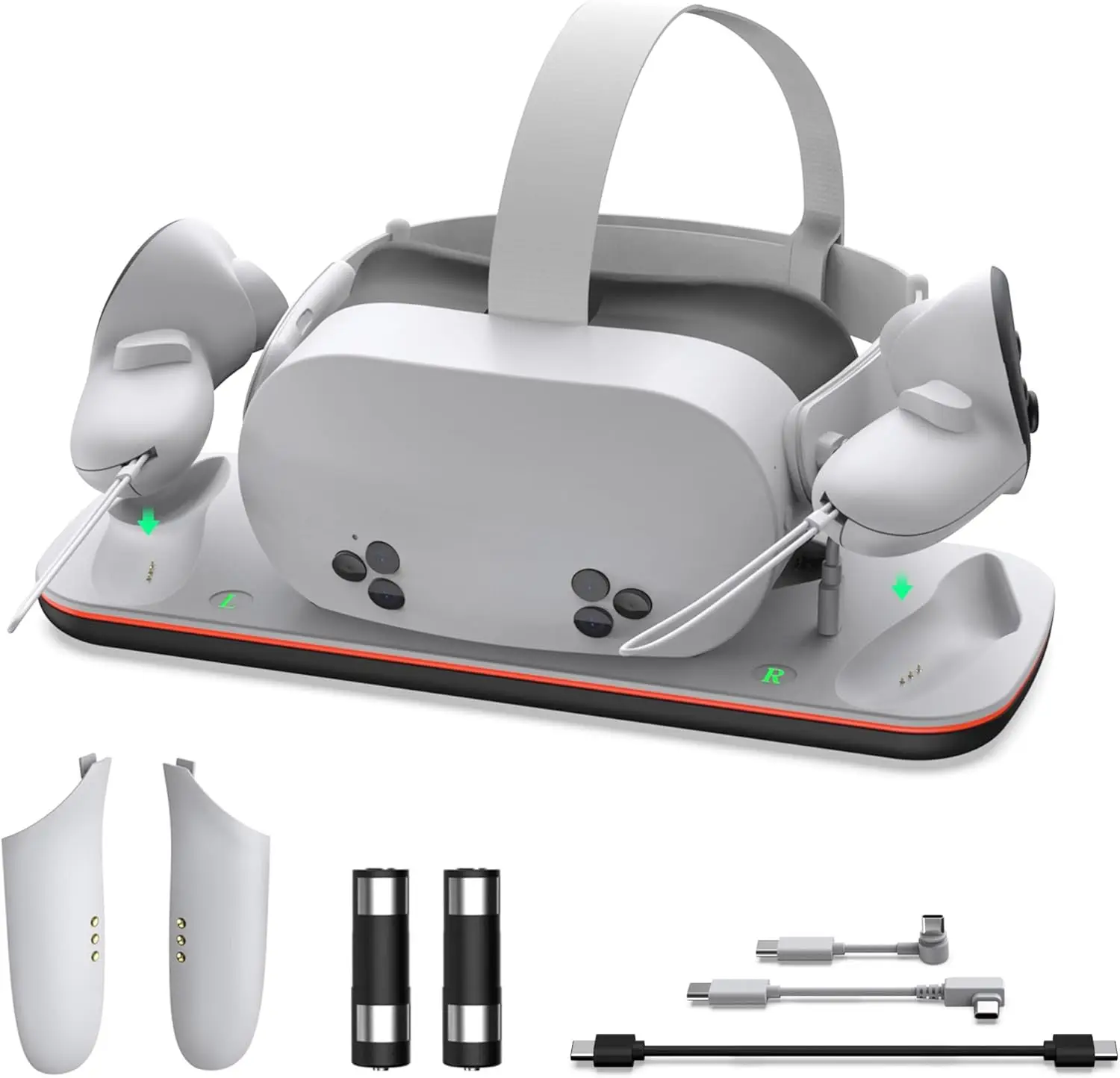 قاعدة شحن لـ Mate Quest 3/3S VR Stand لمحطة شحن Meta Quest3 تدعم سماعة الرأس مع كابل من النوع C وبطارية قابلة لإعادة الشحن