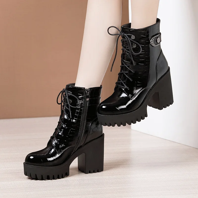 Autumn Winter Women Boots Platform High Heel Shoes Patent Leather Plush Buckle Lace Zipper Ladies Mid Calf Motorcycle Boots32-43