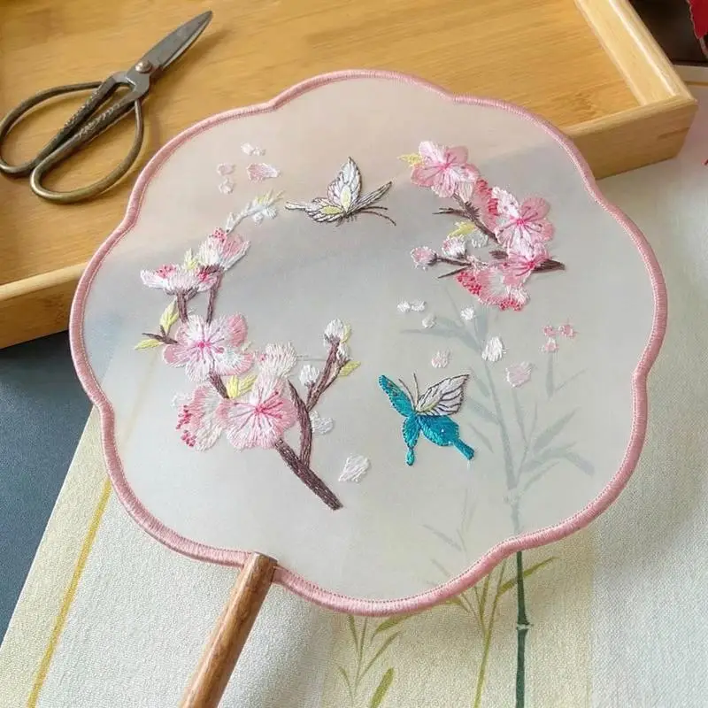 Vintage Hanfu Hand Fan Double Sided Flower Embroidery for Performance Dance Party Decoration