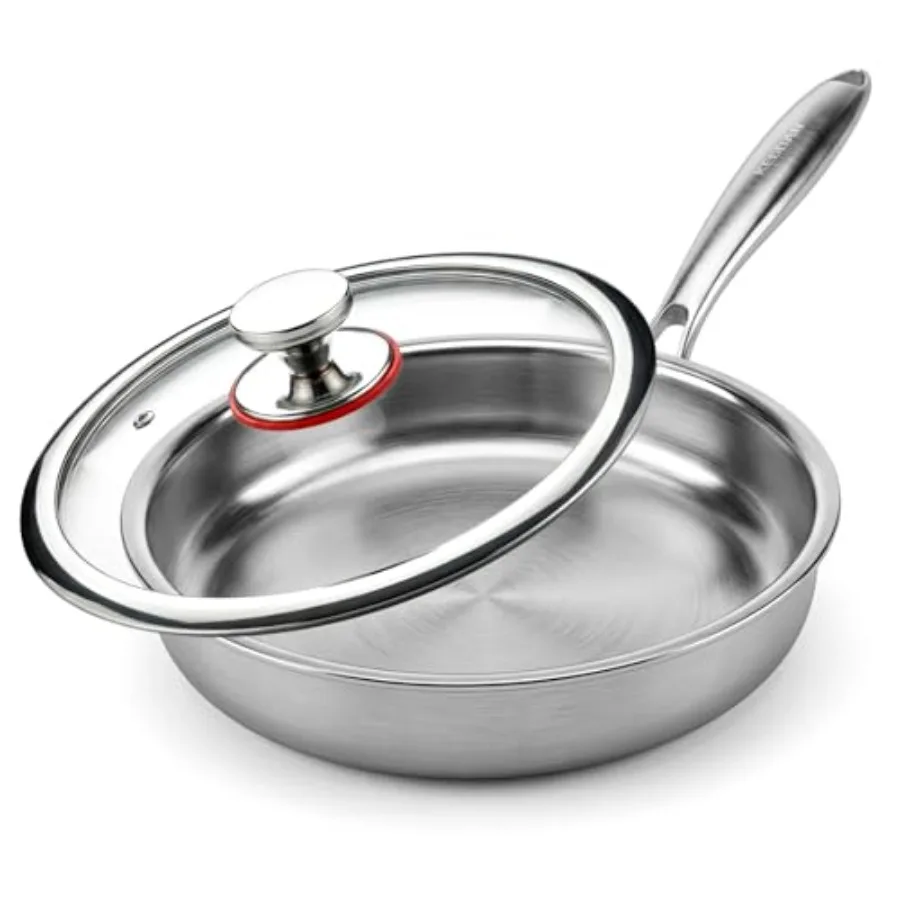 

12 inch Stainless Steel Frying Pan, Tri-Ply Stainless Steel Pan with Lid, Oven and Dishwasher Safe, Induction Cooking Pans, Fas