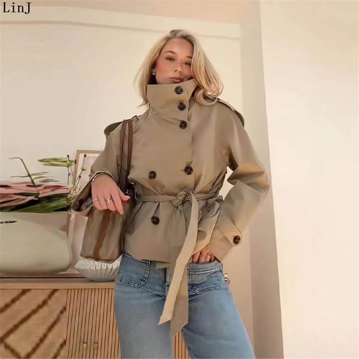 

Short Double-Breasted Stand-Collar Belted Design Sensation Autumn New Arrival Women's Windbreaker Jacket Fashionable Casual Wear