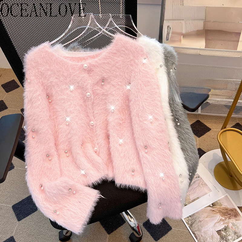 OCEANLOVE Women Sweaters Mink Cashmere Autumn Winter Solid Sweet Cardigans Warm Elegant Beading Retro Sueter De Mujer