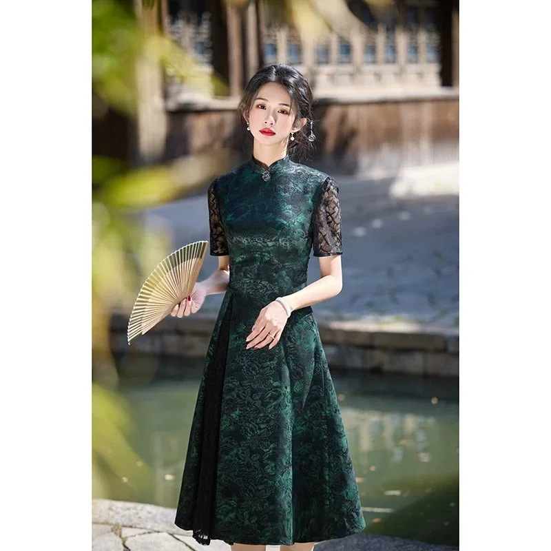 

Весна/Лето 2021, новое зеленое кружевное платье Cheongsam с коротким рукавом, улучшенное ретро Cheongsam Qipao