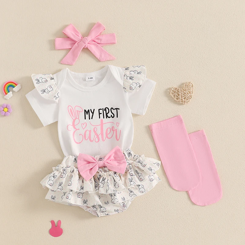 Adorabile completo pasquale per bebè con pagliaccetto con stampa di coniglietti, pantaloncini con volant, fascia per capelli e calzini lunghi - Set da 4 pezzi per la tua bambina