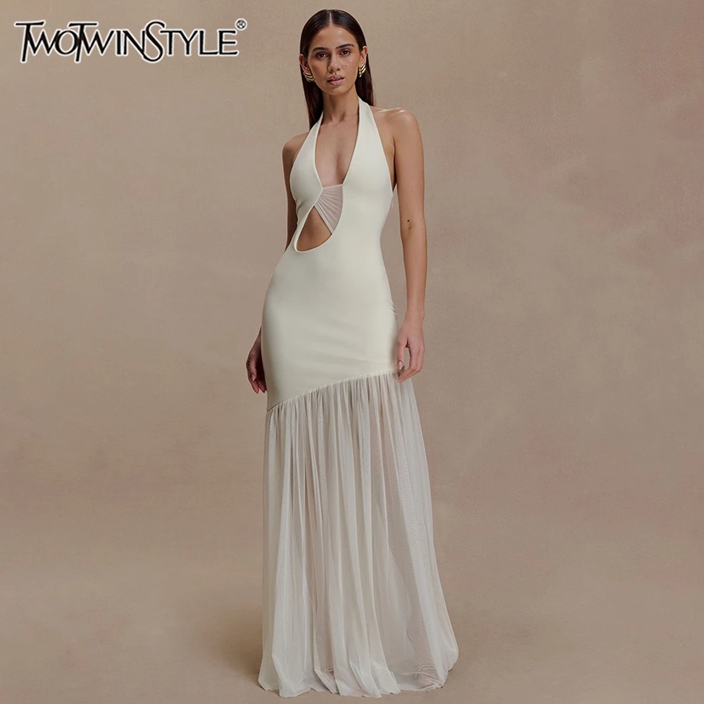 투트윈스타일 섹시 스플라이스 시스루 메쉬 맥시 드레스 여성용 홀터넥 민소매 패치워크 홀로우 백리스 바디콘 드레스 여성