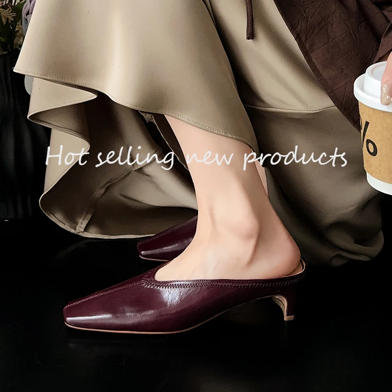 2026 new spring summer women sandals natural leather 22-24.5cm cowhide+pigskin square toe mules high heel women shoes fashion