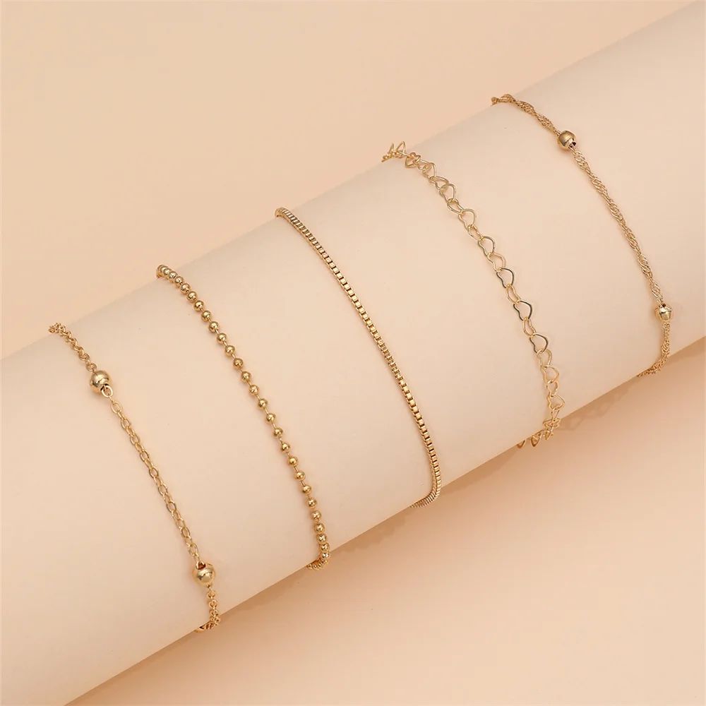 5 pz/set Set di braccialetti a catena sottile in stile semplice elegante mano amore catena di perline cava braccialetto catena decorazione di gioielli abbigliamento quotidiano