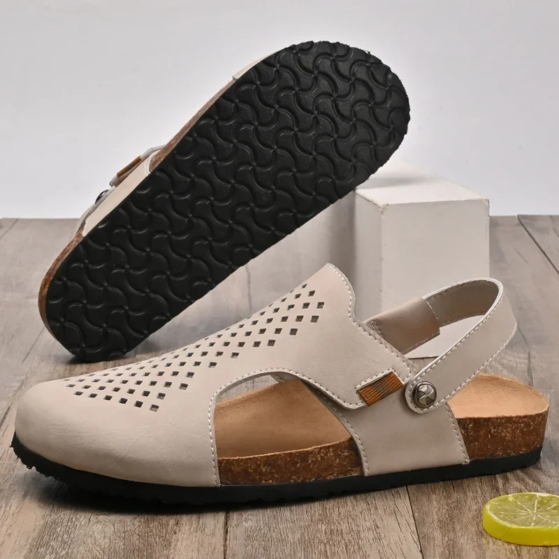 New Summer Cork Sandals Men's Flock Faux Suede Mule Clogs Slippers Brown Classic Buckle Cork Slides Slippers For Men Slippers