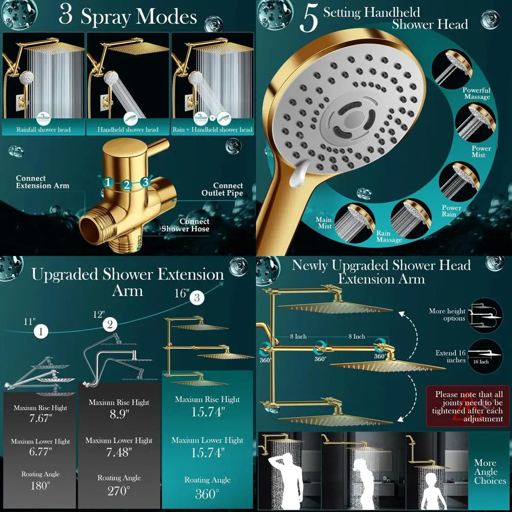 12-inch Gold Shower Head with Adjustable Extension Arm, Flexible Height & Angle, 5-Setting Handheld Spray, Leak-Free