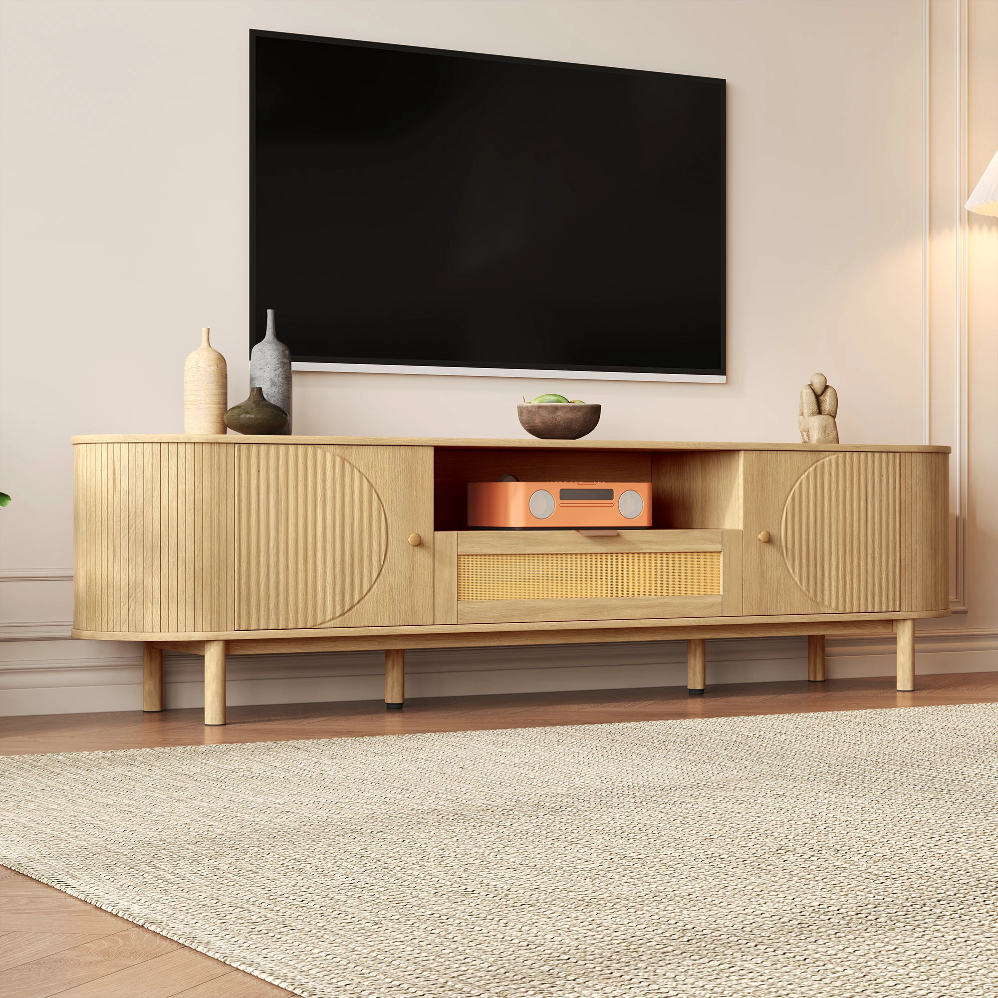 PINGGO Moderner TV-Schrank mit Rattanschublade, offenen Regalen, runder Tischplatte, Metallbeinen, Holzoptik, 175x36x41 cm – Detail 4