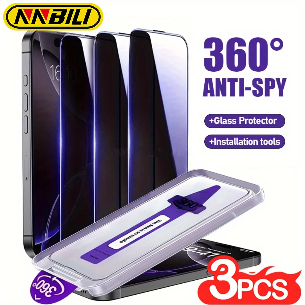 Image of NNBILI 3 Stück 360 Grad vierseitige Anti-Peeping-Displayschutzfolie Ein-Klick-Installation für iPhone 16 17 Pro Max 17 Serie