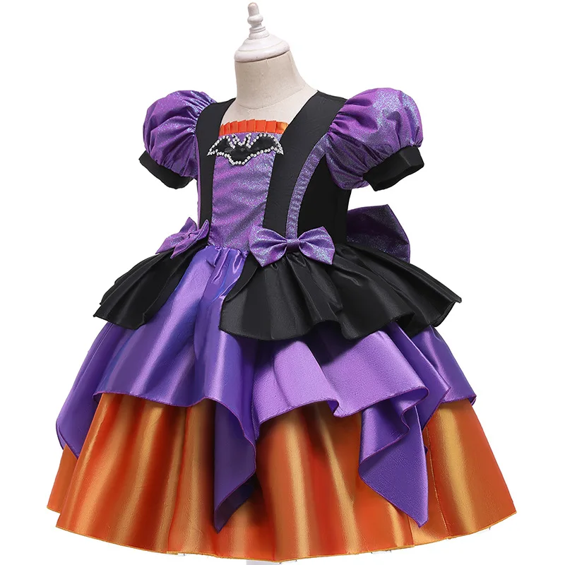 Cosplay Girls Fancy Pumpkin Halloween Dress Kids  Bat Print Witch Costume Festival Party Ball Gown Children Princess Dress