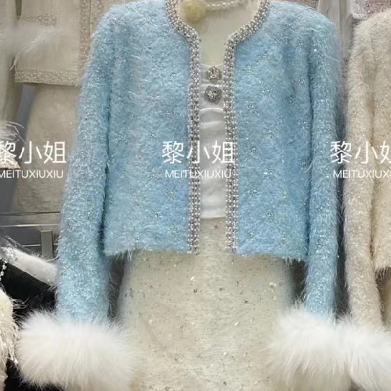 Beaded Plush Splicing Blue Short Jackets with Real Fur 2024 Autumn and Winter New Socialite Long Sleeve Clothing Casaco Feminino