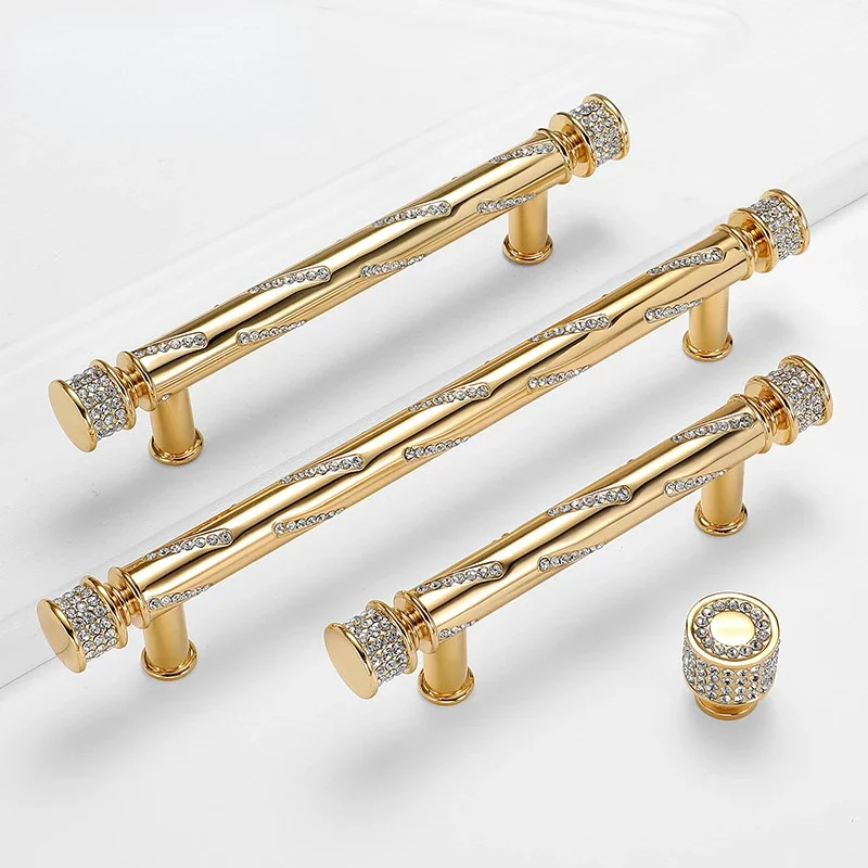 Luxury Diamond Crystal Handles Bright Gold Zinc Alloy Kitchen Cabinet Door Handles Drawer Pulls Knobs Furniture Hardware