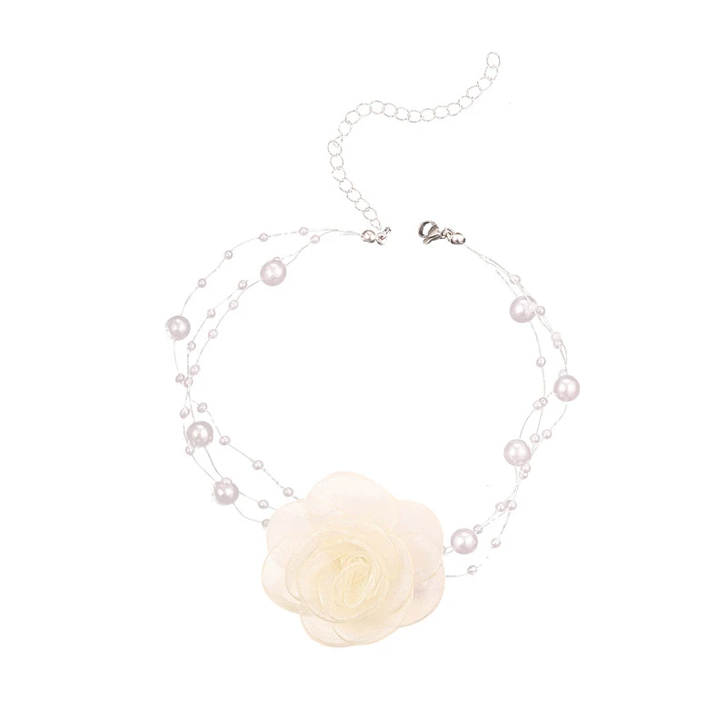 French Romantic Black And White Choker Flower Pearl Necklace Female Summer Clavicle Chain