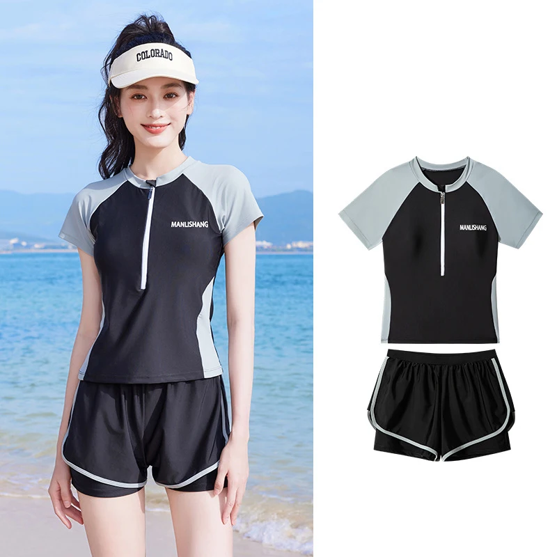 Women Swimsuit Summer  Half Zipper Short Sleeve and Shorts Swimming 2 Pcs Sets(with chest pad) For Hot Spring and Beach Resort