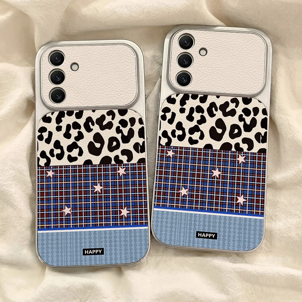

Leopard Print Plaid Spliced Star Large Window Phone Case for Samsung Galaxy S26 S25 S24 S23 Ultra S26 Plus Cases wear-resistant