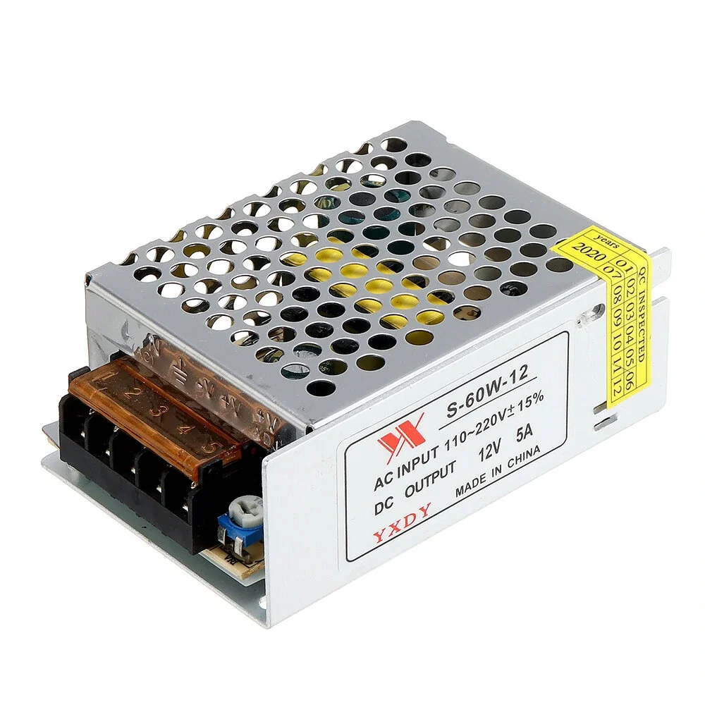 Comutação Power Supply Module Driver Adapter, LED Strip Light, AC 100-240V para DC 12V, 5A, 60W