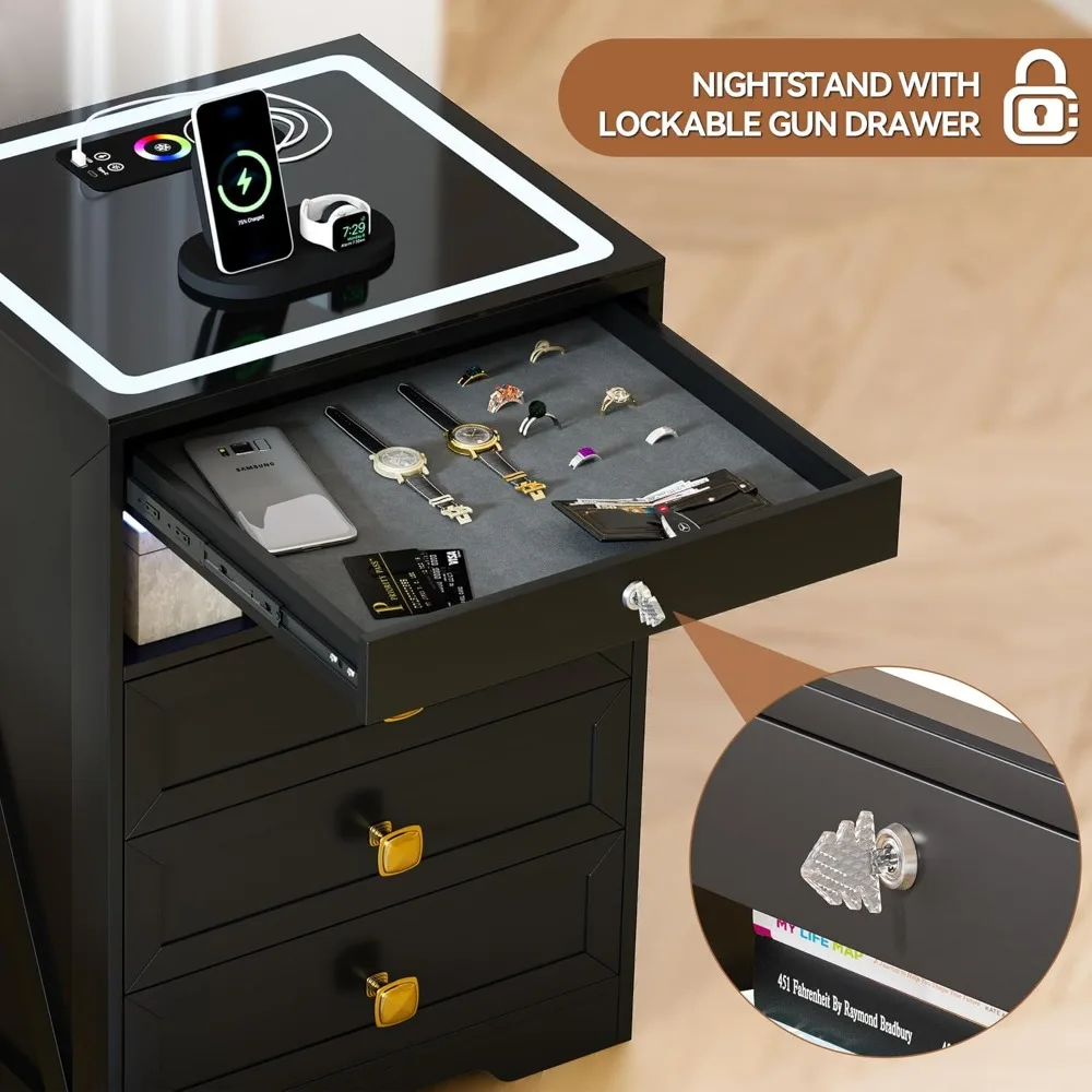隠し引き出し付きLEDナイトスタンド、充電ステーション付きロック可能なナイトスタンド、自動センサーライト付きベッドサイドテーブル、寝室、グレー
