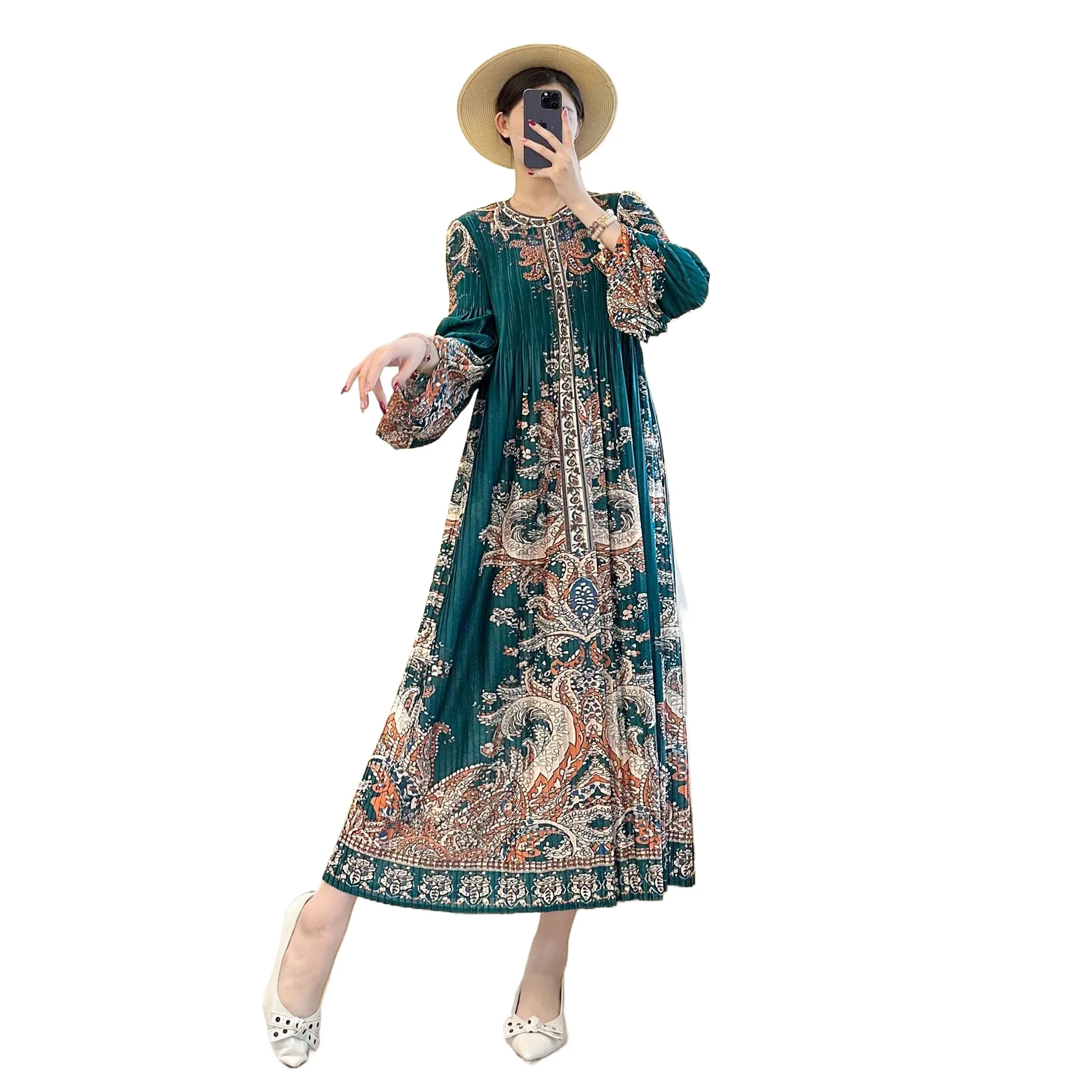 Miyake Women Pleated Satin Midi Dress - Cream Floral Embossed Long Sleeves, Printed Pleated Skirt Spring 2026 - Brunch Date Wear