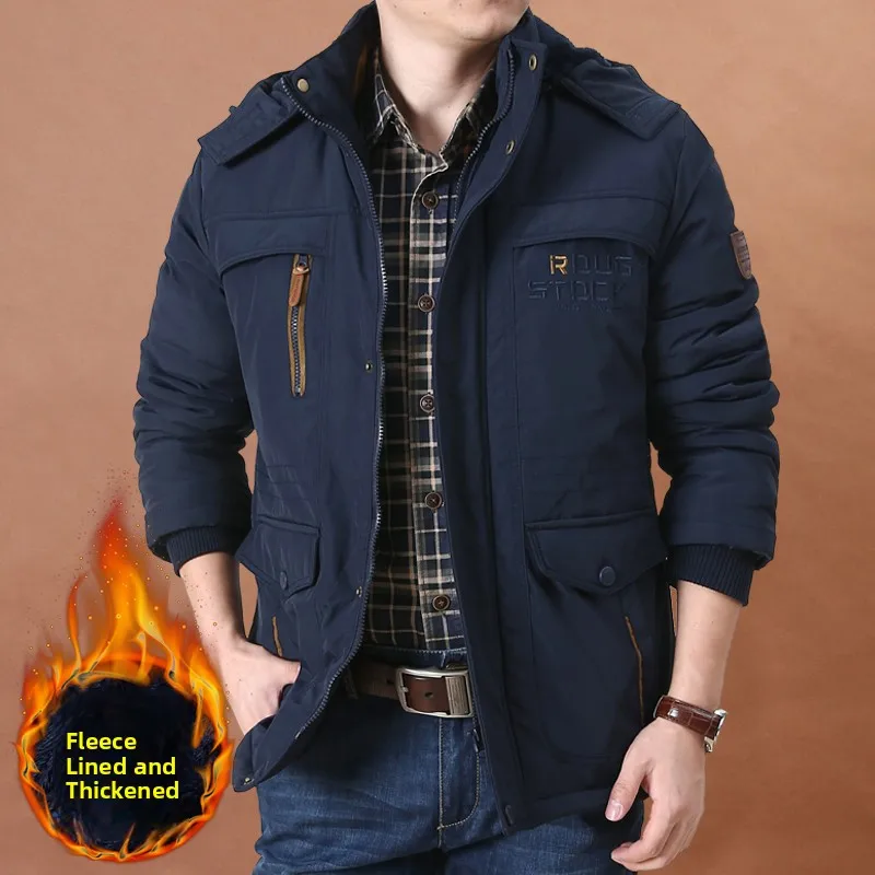 

Men's Autumn Winter Thickened Cotton Jacket Warm Casual Fashion Workwear Style with Multiple Pockets Removable Hat Loose Fit