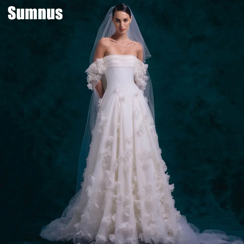 

Sumnus Charming A-Line Wedding Dresses Satin Floor-Length Off Shoulder Flowers Bridal Gowns Strapless Bride Dress Customized