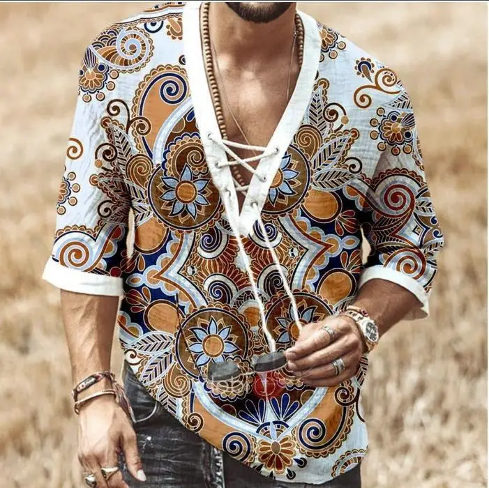 Retro 60s 70s Hippie Costume for Men Drawstring Printing T-shirt Cosplay Outfit Halloween Party Disco Funny Clothes Role Play