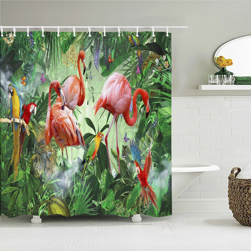 

Pink Flamingo Shower Curtains Tropical Green Leaves Animal Waterproof Polyester Fabric Bathroom Curtain Decor Bath Screen Home