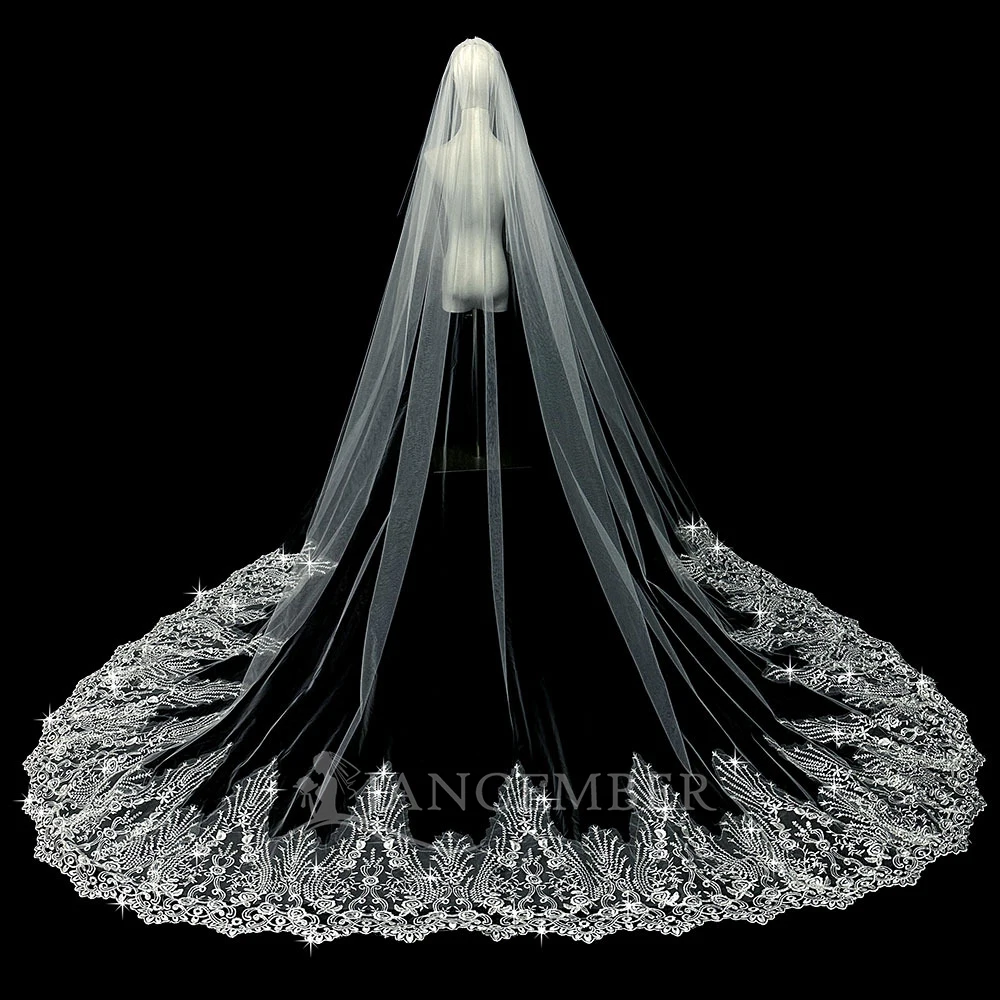 1 Layer Women Bridal White Wedding Veil Ultra Long Wedding Tulle Veil Wide Embroidered Hexagonal Floral Edge Solid