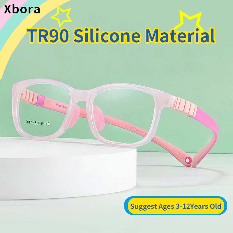 Xbora TR90 Square Kids Eyewear Frame Flexible Optical Prescription Glasses with Sports Strap Boys Girls Eyeglasses 9017