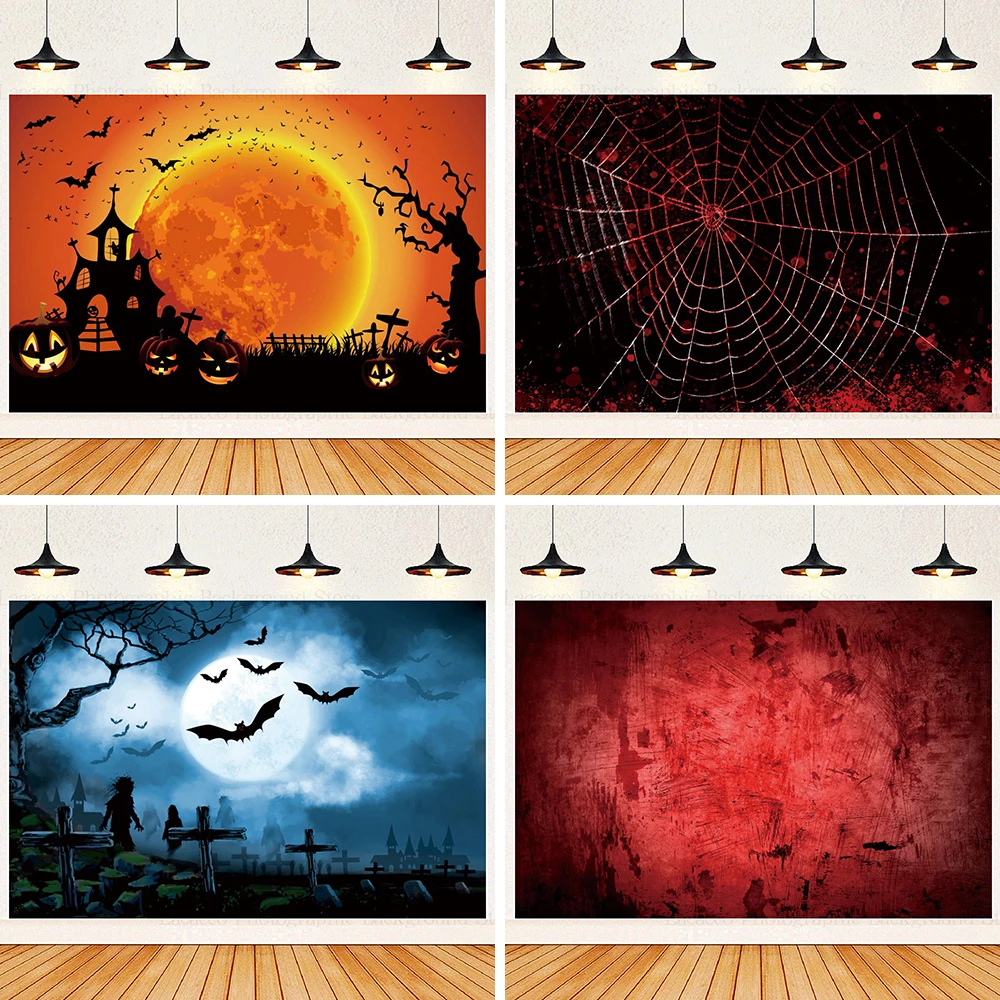 

Blood Moon Halloween Night Background Scary Graveyard Castle Bat 2024 Halloween Party Decor Wall Poster Photography Backdrop