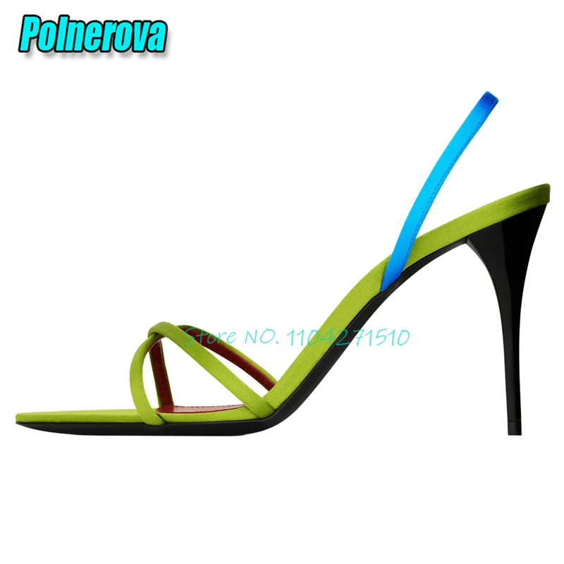 Green Satin Cross Strap High Heels Elegant Pointed Toe Side Empty Back Strap Stiletto Heel Sandals Summer New Party Dress Shoes