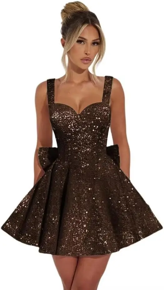 ชุดเดรสงานเลี้ยงคืนสู่เหย้าประดับเลื่อมวิบวับ พร้อมโบว์ ปี 2025 สายเดี่ยวสั้น ทรงเอไลน์ ชุดราตรีงานพรอม งานเลี้ยงค็อกเทล ความยาวเหนือเข่า มินิเดรส