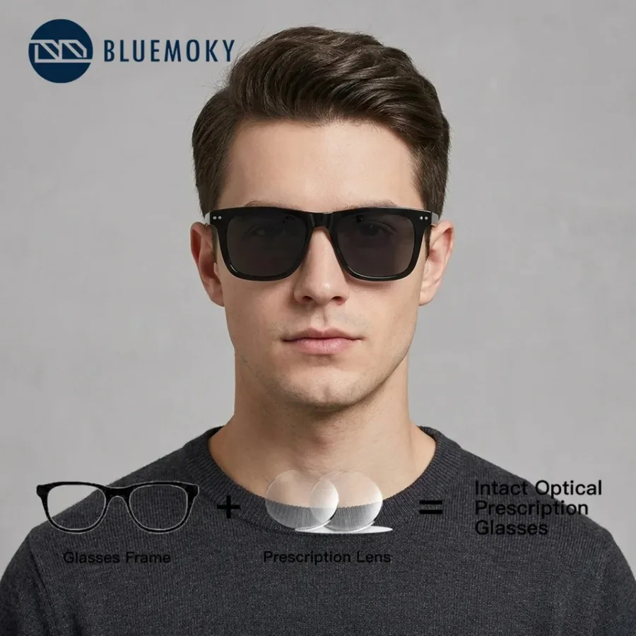 BLUEMOKY Square Acetate Custom Prescription Sunglasses Mens Glasses To Graduate with Clip Polarized UV400 Optical Eyewear