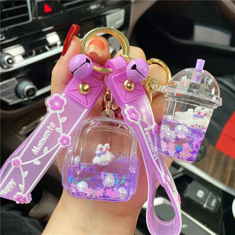 3pcs Cartoon Lying Rabbit Yogurt Box Bottle Liquid Keychain Cute Into Oil Floating Pearl Bunny Cloud Quicksand Bottle Key Chain