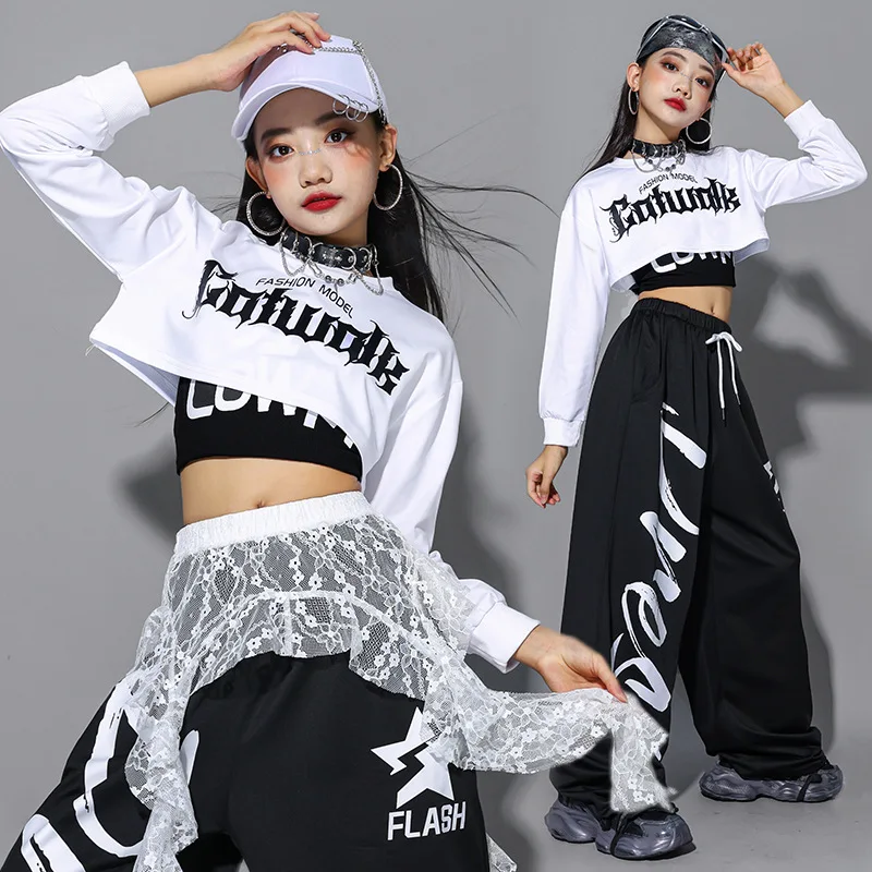 

Kpop Jazz Dance Clothing For Girls White Long Sleeves Crop Tops Black Baggy Hip Hop Pants Modern Dance Performance Wear