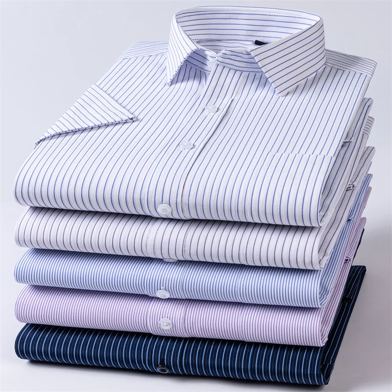 Men Formal Shirt Short Sleeve Office Solid Color Striped Fashion Business Pocket White Social Shirt Men's Clothing 5XL 6XL