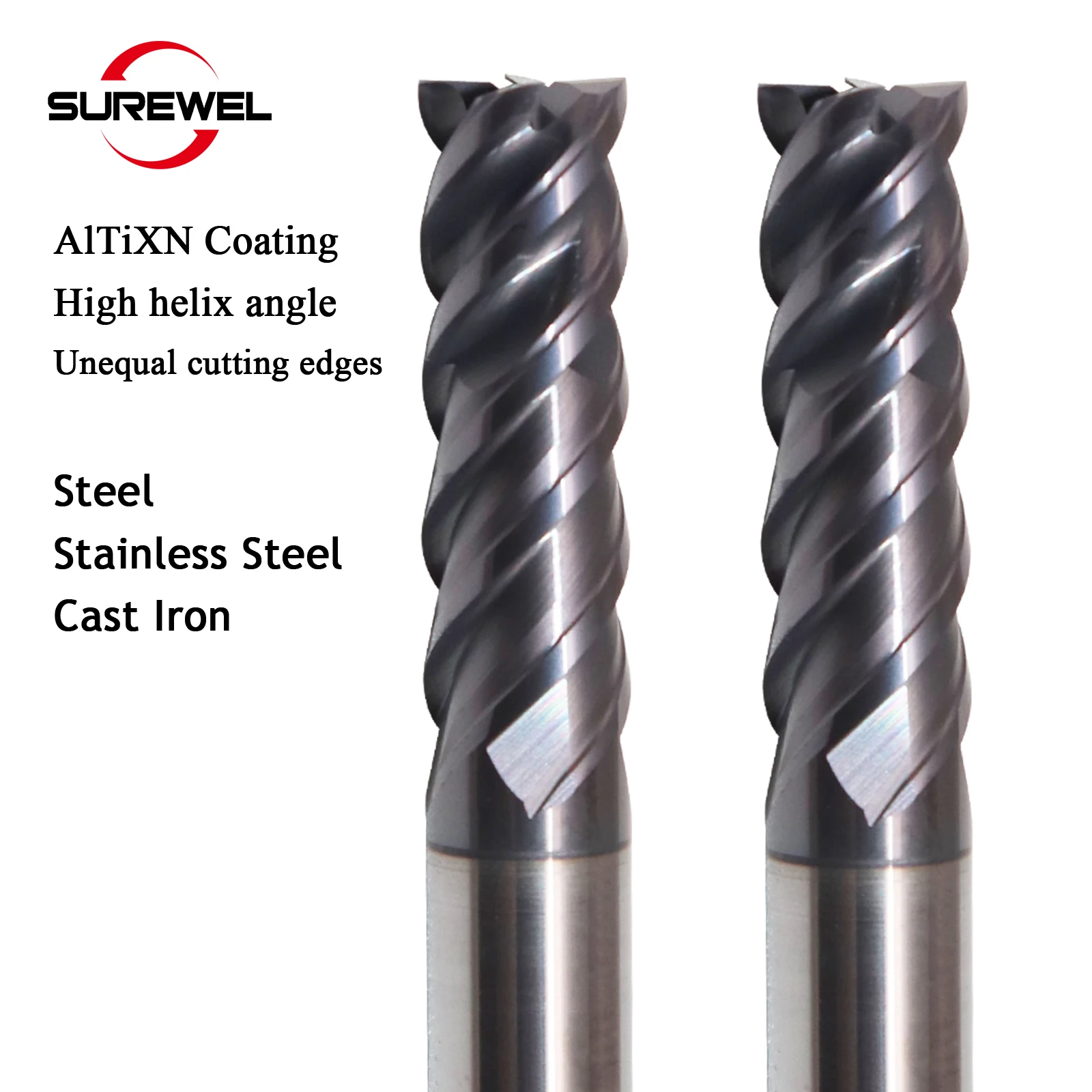 SUREWEL Carbide Square End Milling 4Flutes Highly EfficientTungsten Steel Milling Cutter 8 10 12mm CNC Tools,Stainless Steel