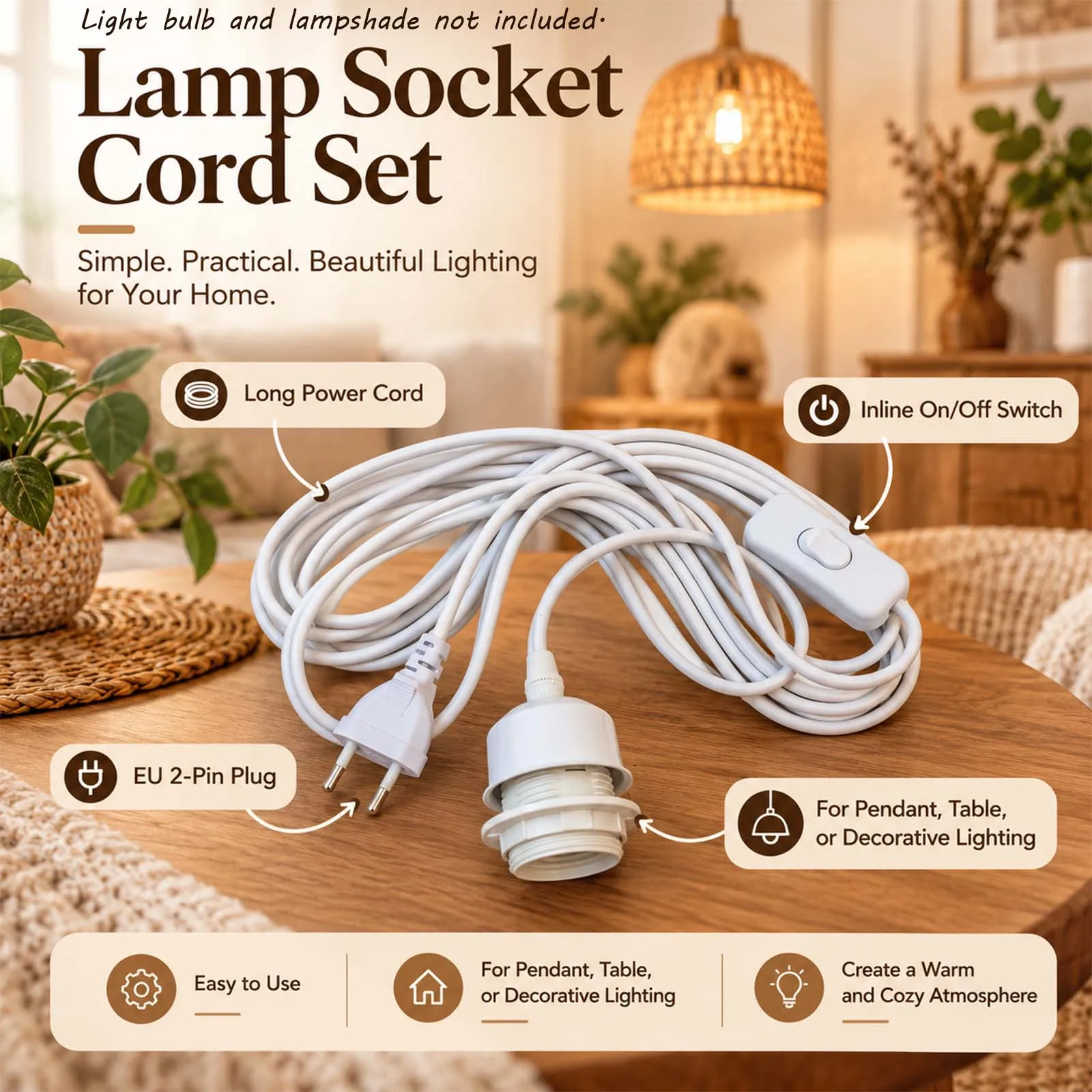 White Twisted Pendant Wire Kit with White Cylinder E27 Socket and Inline Switch with White Plug for Boho Living Room