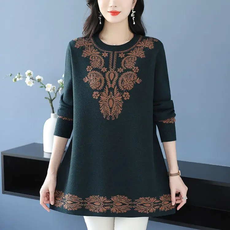 

Medium Long Pullovers Sweater Women's Autumn Winter Long Sleeve Elegant Jacquard Knitted Sweater Ladies Jumper Knitwear Tops