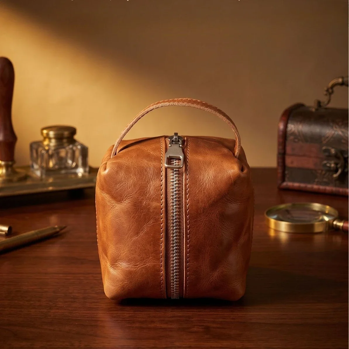Small Bucket type Bag for Coin Purse,Top handle Portable Travel Coin storage pouch Cowhide Coin & Accessory Holder for Women