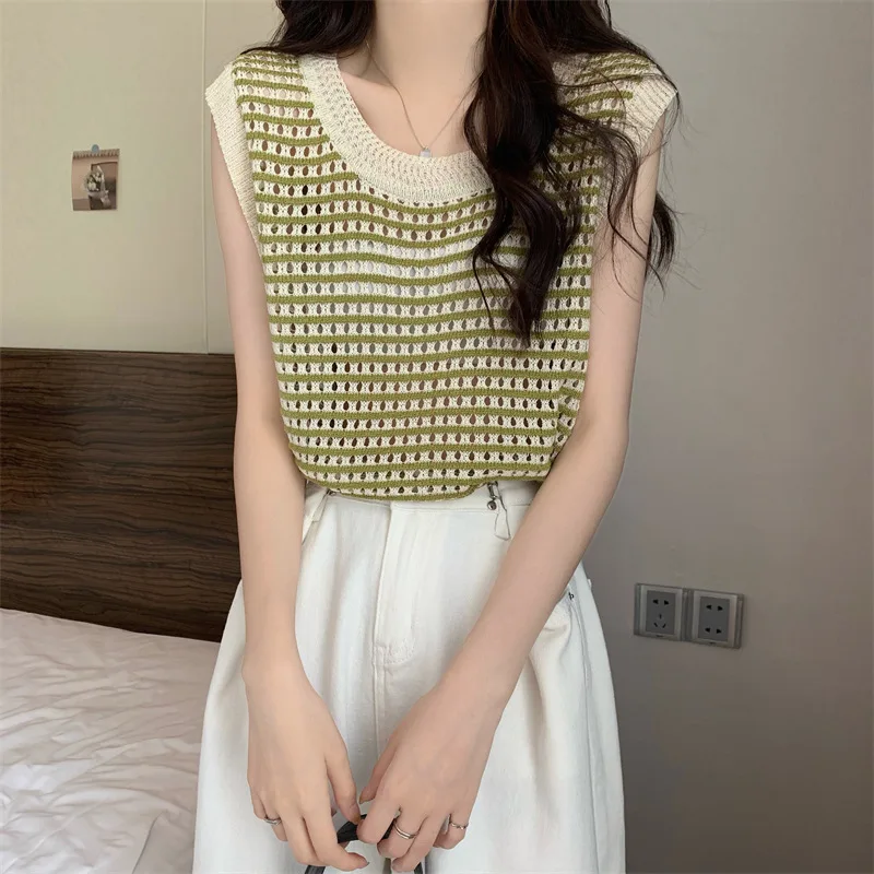 Summer Hollowing Out Stripe Women's Knitted Camisole Vest Sleeveless Loose Fitting Youth Elegant High Quality Knitwear Tops