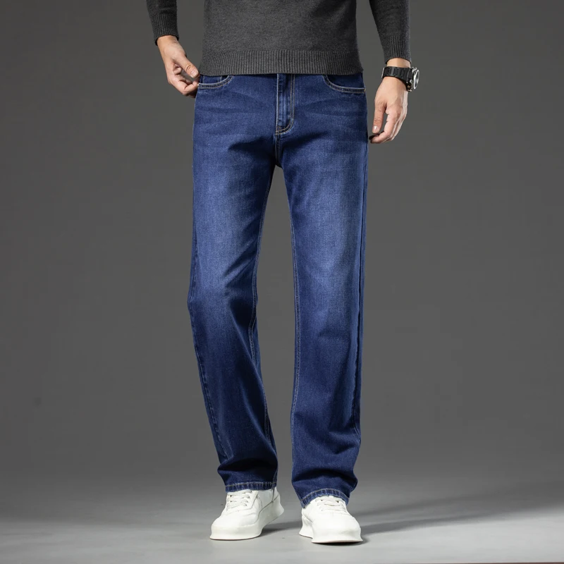 

Autumn Men's Dark Blue Straight-leg Brand Jeans Classic Style Business Casual Cotton Stretch Denim Pants Male Plus Size 40 42 44