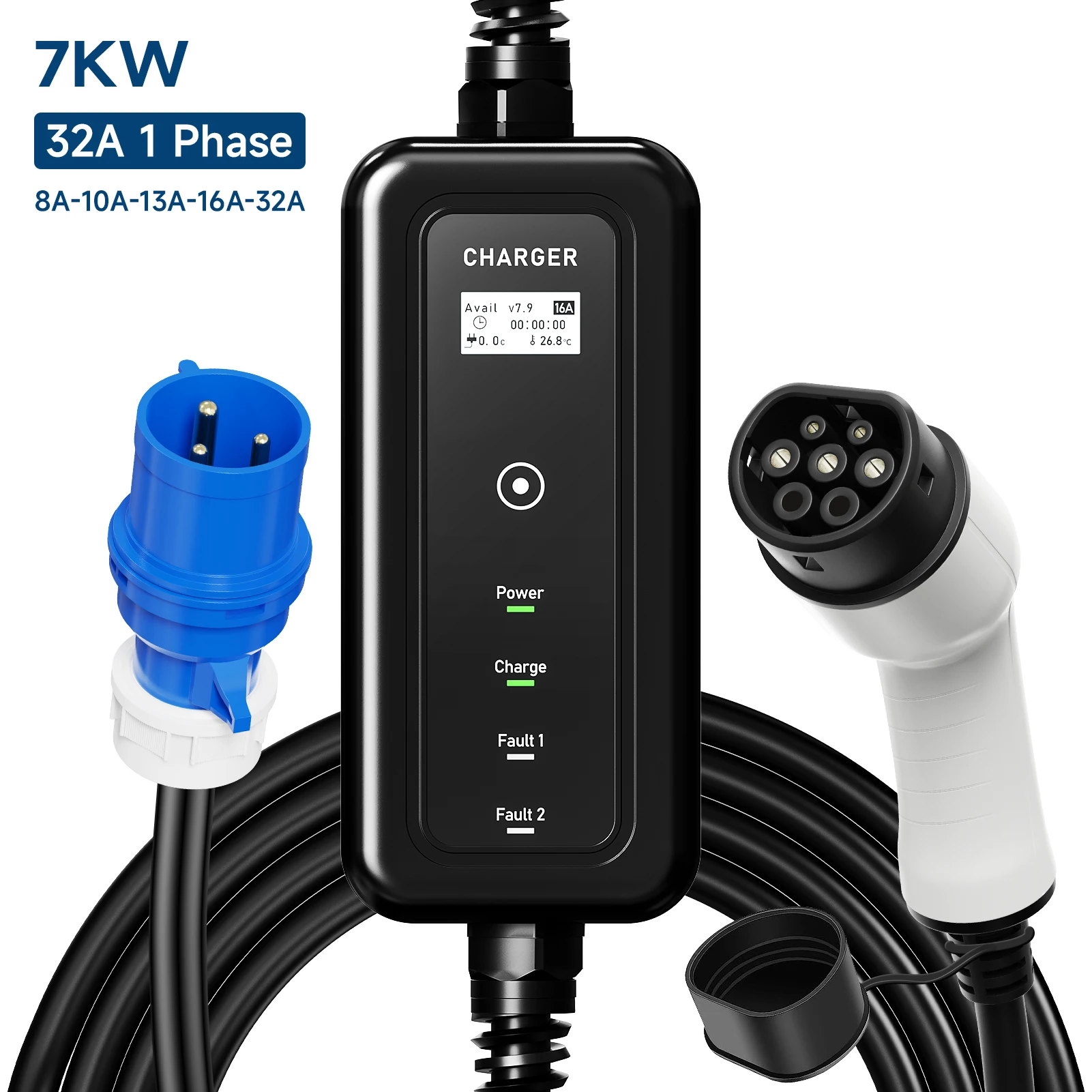 

7KW 32A Portable EV Charger Type2 IEC62196-2 EVSE Charging Box Type1 SAE J1772 CEE Plug Controller Wallbox for Electric Vehicle