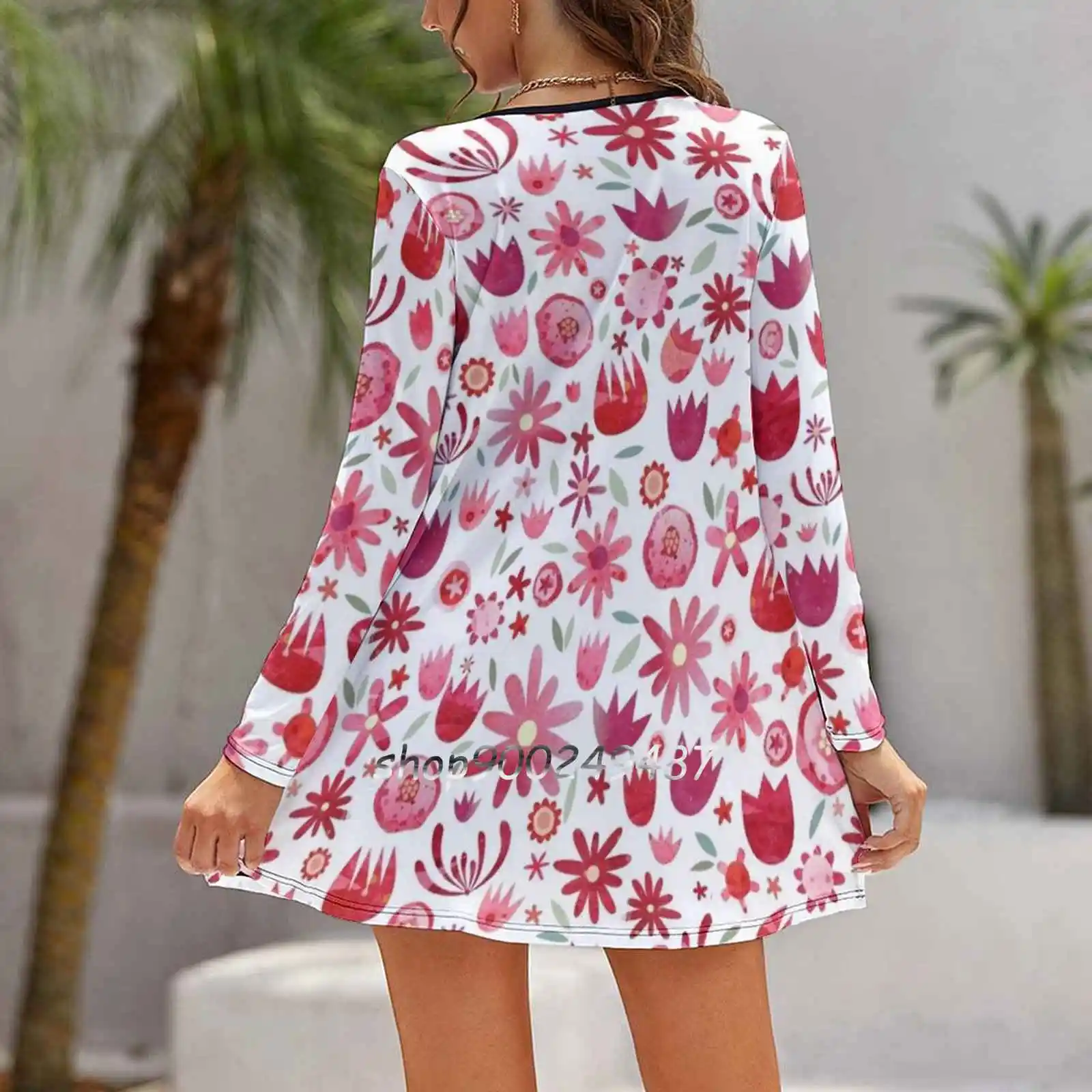 Summer Flowers Watercolor Slim Dress With Hollow Waist Autumn Winter Sexy V Neck Long Sleeve Dresses Flowers Floral Summer